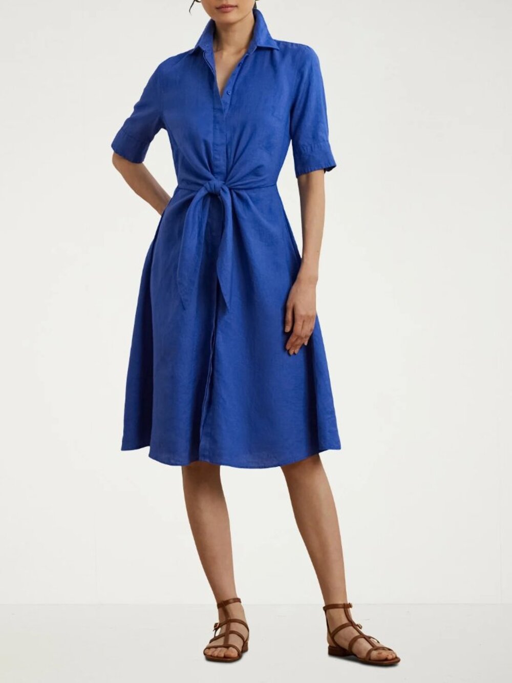 Lauren Ralph Lauren Cobalt Blue Tie-Waist Shirt Dress 100% linen size 10 boho